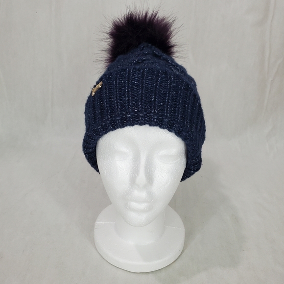 NWOT Juicy Couture Blue, Purple Pom-Pom Winter Snow Hat Gold Juicy Emblem - Picture 4 of 8